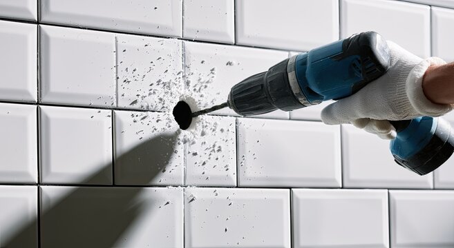 Hand with glove drills hole in white tiled wall, creating dust