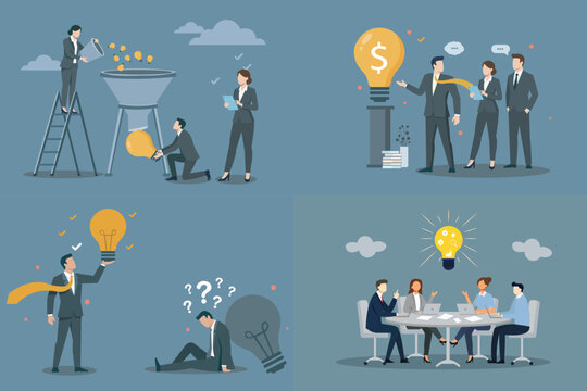 Business Innovation Teamwork and Problem Solving Concept Vector Set, Business Teamwork and Innovation Concept Bundle