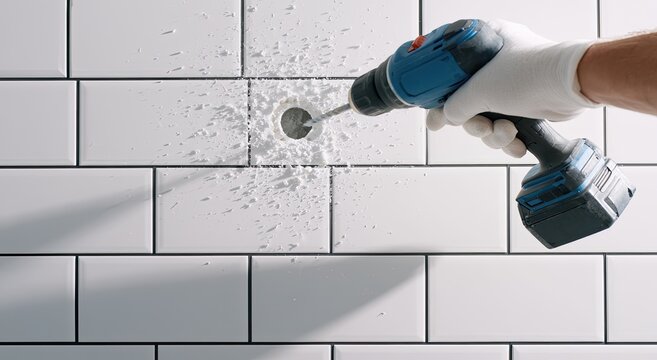 Hand wearing glove drills clean hole in white tiled wall, debris flying