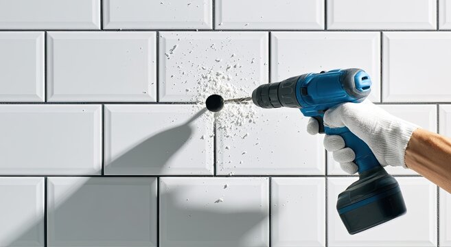 Hand in glove drills hole in tiled wall, dust flies