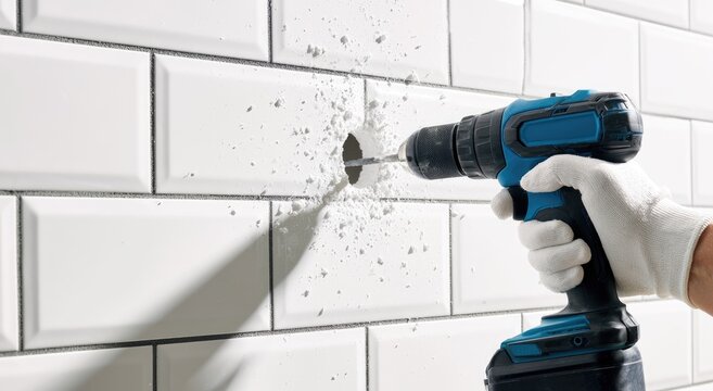 Power drill creating hole in tiled wall, white gloves, dust flying