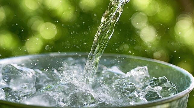 Clear liquid cascades onto ice cubes in a metal bucket