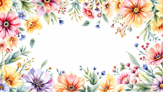 Botanical floral border with watercolor wildflowers creating beautiful blank invitation template background design