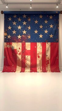 Contemporary art installation featuring a distressed American flag textile hanging in a bright gallery space.