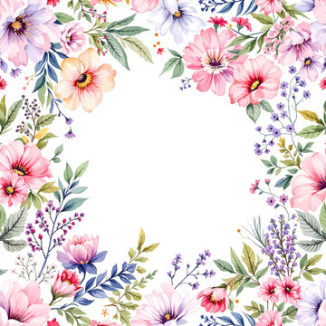 Romantic watercolor flower frame featuring soft spring blooms surrounding clean white empty center composition