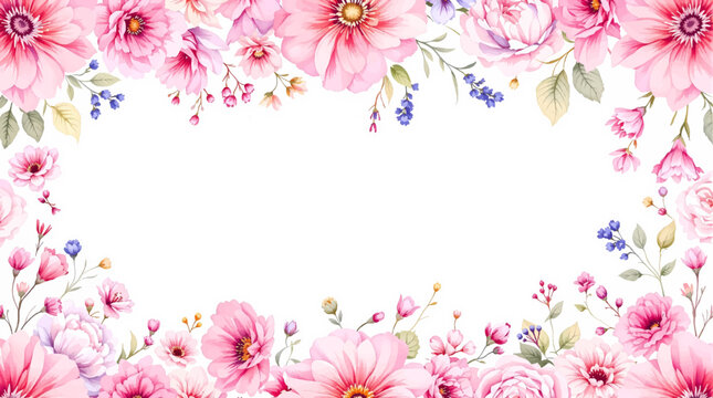 Delicate watercolor floral border frame with elegant pastel blossoms and blank white copy space background