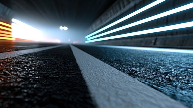 Streaking lights blur on wet asphalt highway at night, evoking speed and motion