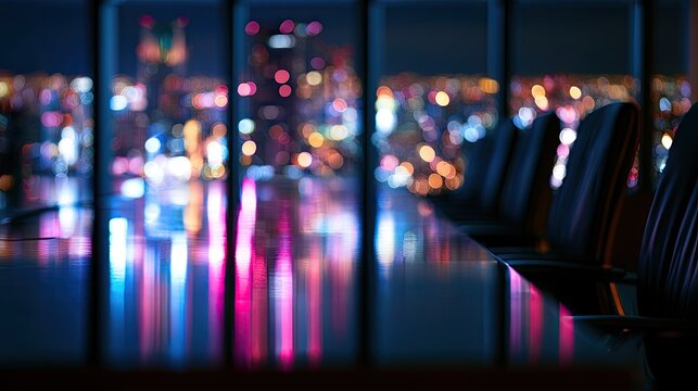 Boardroom with blurred city lights at night