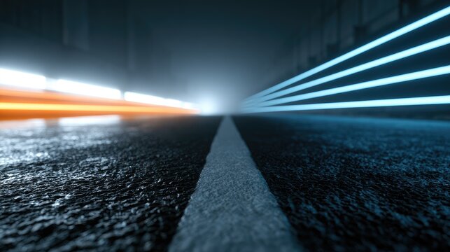 Wet asphalt road with streaks of orange and blue light trails