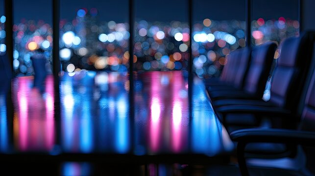 Rows of empty chairs in a boardroom overlooking a blurred city at night