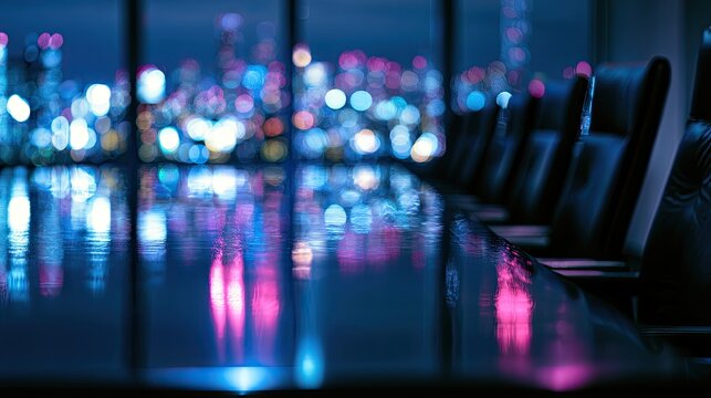 Sleek, empty boardroom reflects city lights at dusk