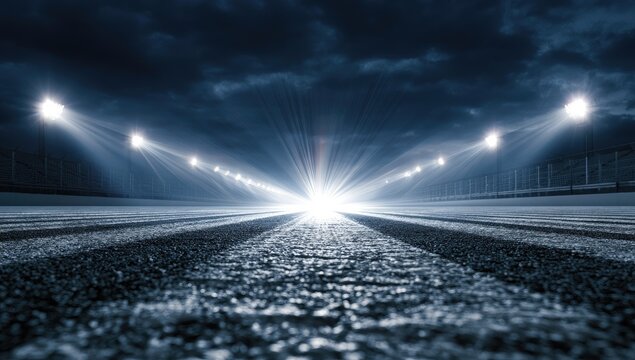 Illuminated asphalt stretch disappears into blinding light under stormy skies