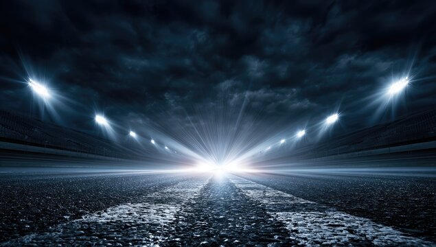 Dramatic stadium lights pierce dark clouds over an empty, rain-slicked track