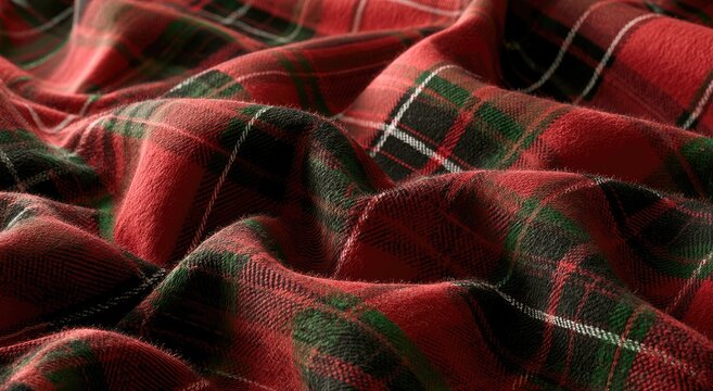 Soft, draped textile with a classic red, green, and white tartan pattern