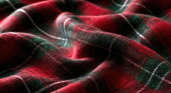 Close-up of soft, red and green plaid fabric with white accent lines