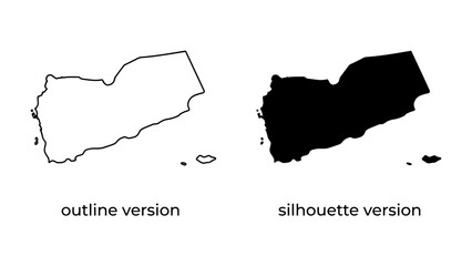 Outline and Silhouette of Yemen: A clear depiction of the country of Yemen, shown in both an outline and a solid silhouette, representing its geographic shape and borders. © Susmita