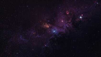 Fototapeta premium 深遠なダークネイビーと紫の空間に、カラフルな光の塵と星々がまたたく宇宙背景