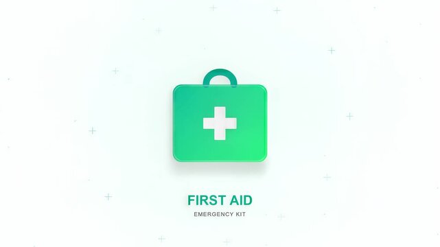 Vibrant first aid emergency kit with glowing green cross symbol, isolated on clean white background with subtle plus signs, seamless loop animation, symbolizing health, safety, and medical