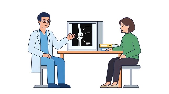 Flat vector illustration of an orthopedic doctor explaining a knee X-ray image to a patient during a medical consultation in a clinic. Bone health, orthopedic diagnosis, and healthcare concept isolate