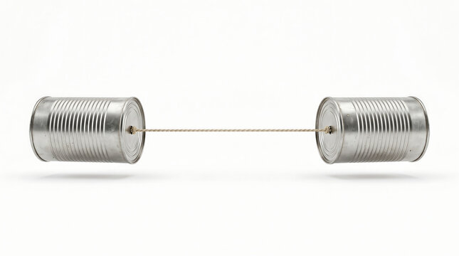 Simple Tin Can Telephone Toy Made From Metal Cans Connected With A String For Childhood Communication Concept