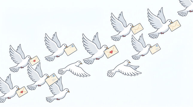 Cute illustration of carrier pigeons and white doves flying in group delivering love letters and mail envelopes