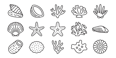 Fototapeta premium Set of thin line icons of sea shells, starfish, and coral reef elements on white background