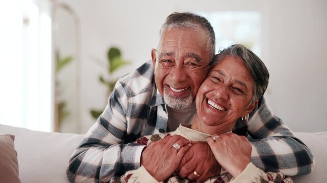 Love, support or old couple in home with face, partner loyalty or bonding in happy connection. Marriage, trust or senior people with embrace, tender moment or romantic relationship in retirement.