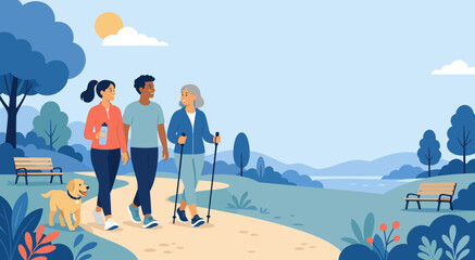 Fototapeta premium Friendship Walking Path Vector Health Campaign Banner