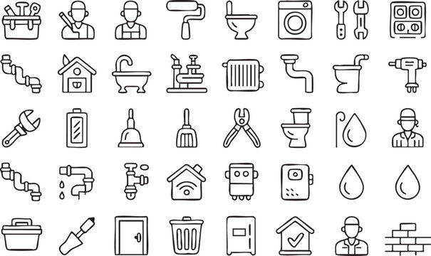 Plumbing Service Outline Icons with Pipes, Faucets, Toilets and Repair Tools