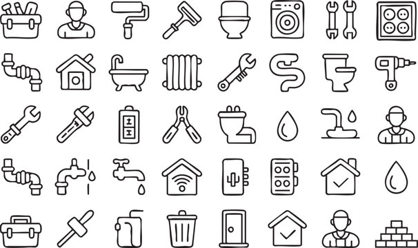 Bathroom Plumbing and Household Appliance Icons in Minimal Outline Style