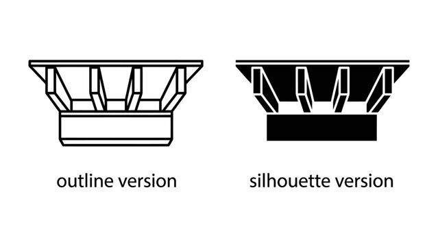 Speaker Component Comparison: A side-by-side graphic displays an outline version and a silhouette version of a speaker cone or component, illustrating its structural design.