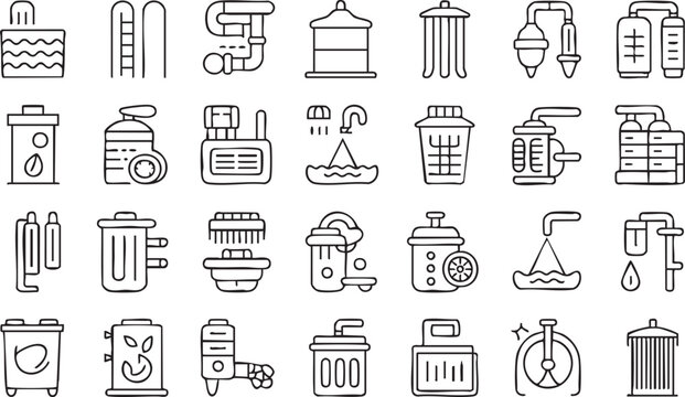 Industrial Wastewater Treatment Line Icon Set for Environmental Engineering