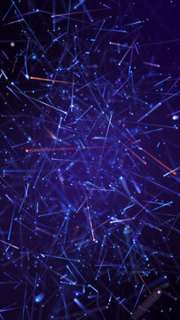Abstract digital network background with chaotic glowing blue light trails and particle sparks.