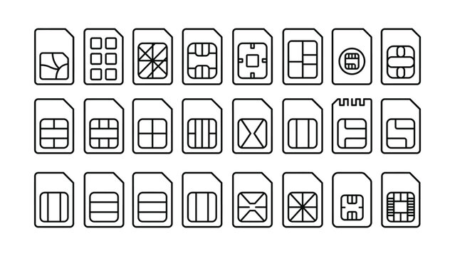 Collection of various sim card icons in different styles and designs on a transparent background for technology and communication concepts