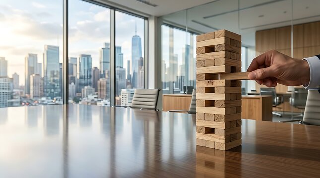 Strategic Risk Management Concept with Hand Pulling Wooden Block from Tower in Modern Corporate Office with City Skyline View
