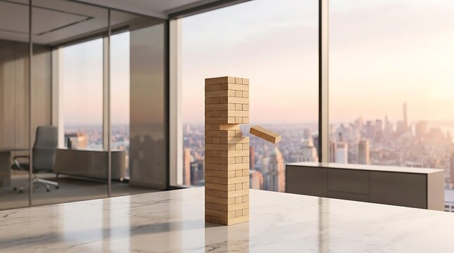 Wooden block tower in a modern office symbolizing business risk and strategy