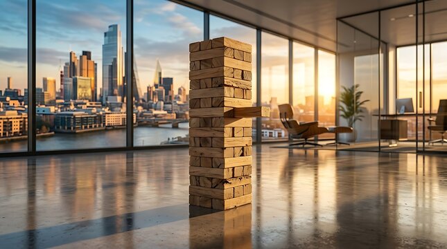 Giant Jenga tower precariously balanced in a modern office with a city skyline view