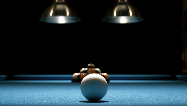 White cue ball on a blue felt table, with racked balls behind