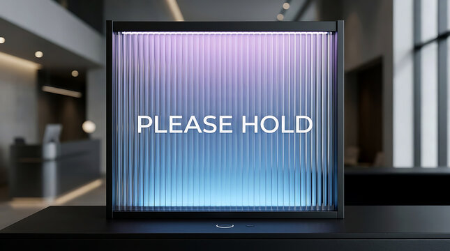 Please hold message on a digital television screen with vertical video signal glitch.