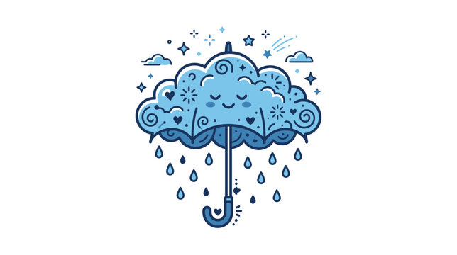 Happy cloud umbrella with falling raindrops and stars
