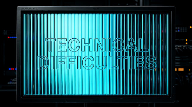 Technical difficulties sign with blue and green glitch effect on a digital screen.