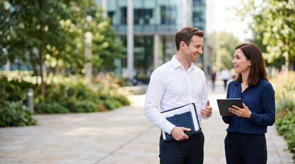 Fototapeta premium Two business colleagues walking and talking outdoors in a modern urban setting discussing work.