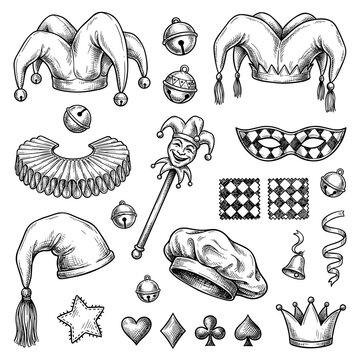 Black ink doodle sketch of jester hat and carnival accessory, isolated on white background for costume design