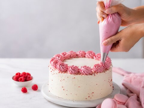 Decoraci&oacute;n de un pastel con crema de fresa y frambuesas en una mesa