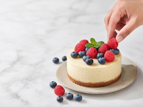Decoraci&oacute;n de un pastel de queso con frambuesas y ar&aacute;ndanos en una mesa de cocina