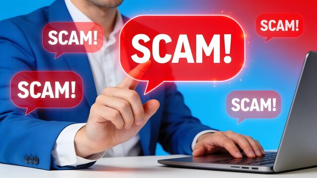 Close up of businessman pointing at scam alert on laptop screen surrounded by bubbles.