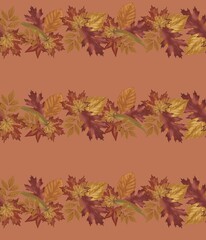 Fototapeta premium Warm autumn botanical border featuring hand illustrated maple leaves on a soft cream background. Perfect for greeting cards, invitations, stationery, packaging, scrapbook paper, fabric prints