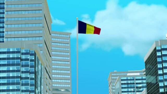 Chad Flag 3D Render Animation with Urban Architecture and Clear Blue Sky
