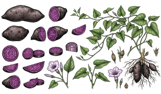 Hand drawn Okinawa purple yam ube botanical vector set with whole sliced and cut tubers isolated on white