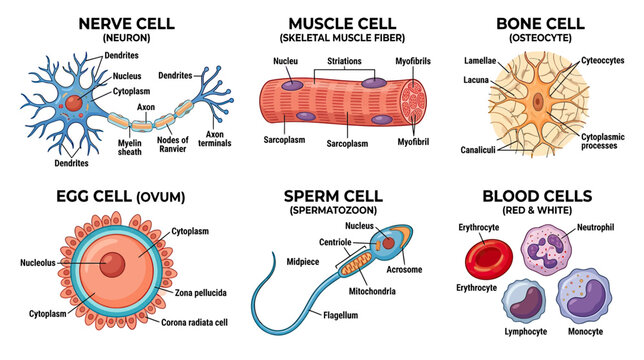 Human Cell Types: Neuron, Muscle, Bone, Egg, Sperm, and Blood Cells
